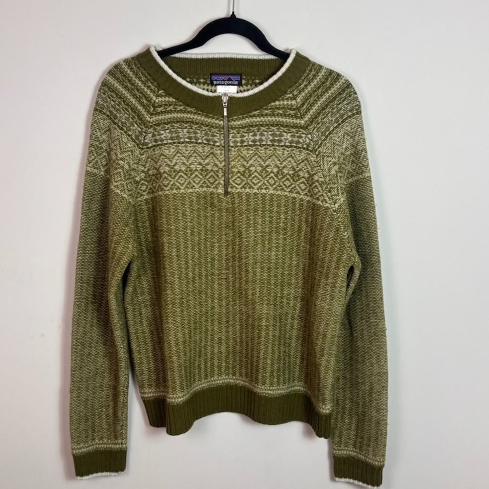 VTG Patagonia 100% Wool Green Fair Isle 1/4 Zip pullover Sweater Large Classic